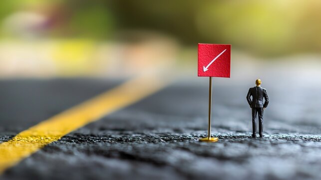A miniature figure stands beside a red checkmark sign on a road, symbolizing progress and decision-making.
