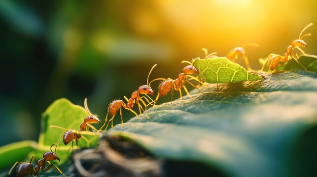 A colony of ants working together to carry leaves, forming a complex network of teamwork and cooperation. Macro shot with focus on texture and natural light.