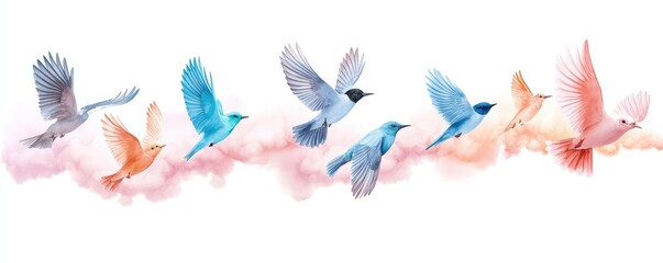 Fototapeta premium A vibrant watercolor illustration of flying birds in various colors against a soft background, evoking a sense of freedom and beauty.