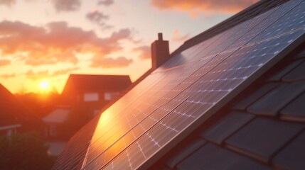 Close-up of Solar Panels on Urban House Roof During Golden Hour - AI generated illustration.