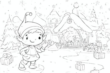 Naklejka premium A cheerful elf waves in a snowy, festive village, surrounded by decorated trees and wrapped gifts This charming scene captures the spirit of holiday joy and cheer