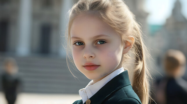 Retrato de ni&ntilde;a rubia en uniforme escolar al aire libre