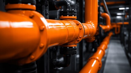 Black and White Photograph of Orange Pipes in Industrial Setting - AI generated illustration