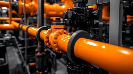 Black and White Photograph of Orange Pipes in Industrial Setting - AI generated illustration