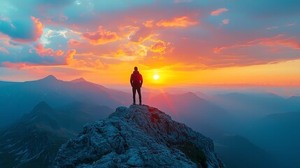 A solitary figure stands atop a mountain peak, gazing at a breathtaking sunset over misty valleys and rugged peaks.