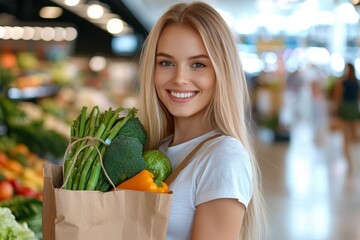 woman holding paper bag with fresh vegetables on market
