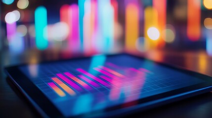 Colorful Bar Graph on Digital Tablet with Blurred Background - AI generated illustration