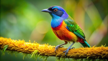 A Stunning Image Of A Vibrant, Colorful Bird Perched On A Branch With A Lush Green Background