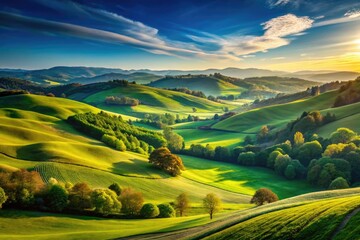 A Stunning Landscape Photograph Capturing The Beauty Of Nature In All Its Glory, Featuring Rolling Hills, Vibrant Greenery, And A Clear Blue Sky.