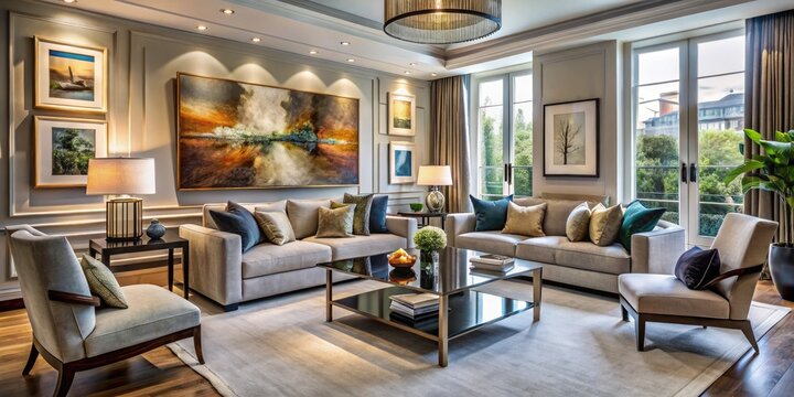 A Stylish Living Room With Plush Furnishings, Modern Artwork, And Ample Natural Light, Showcasing The Expertise Of Skilled Interior Designers.