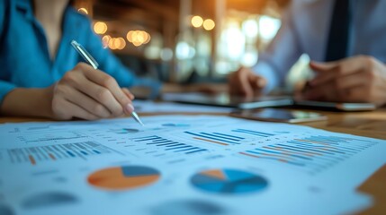 Close-up of business professionals analyzing financial data on a report with charts and graphs in a modern office setting.