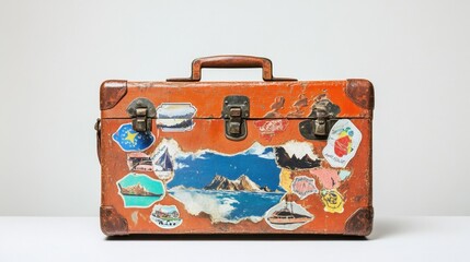 Old suitcase adorned with various colorful travel stickers, sitting on a white surface, symbolizing adventure and exploration.