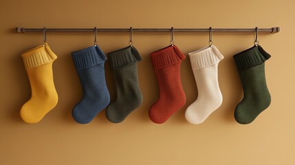 Six Colorful Knitted Stockings Hanging on a Rod Against a Tan Wall