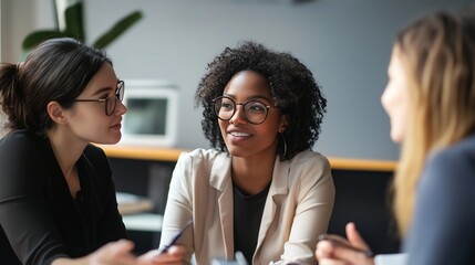 Three women engaged in a thoughtful discussion around a workspace during a collaborative meeting in a modern office setting
