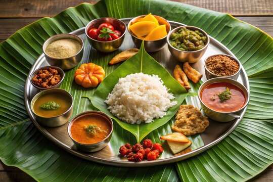 A Traditional Indian Sadhya Meal With Various Dishes Served On A Banana Leaf, Including Red Rice, Sambhar, Rasam, Thoran, Aviyal, Pachadi, Pickles, And Papadums.