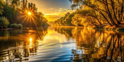 Obraz premium A Tranquil Scene Of Soft Ripples Disturbing The Glassy Surface Of A River As Sunlight Filters Through The Trees Casting Golden Hues Upon The Water.