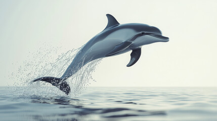 Fototapeta premium A serene 3D dolphin leaping out of water, captured mid-air on a transparent background.