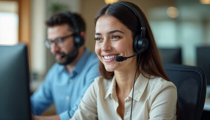 Happy Indian call center agent wearing headset talking to client working in customer support office. Professional contract service telemarketing operator using laptop having conversation. Candid shot