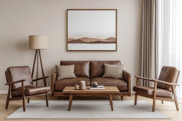 An interior design mockup for a cozy living room interior featuring brown sofas, gray armchairs, wooden coffee tables, beige carpets, and personal accessories.