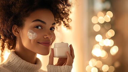 A joyful woman applying cream on her face, showcasing beauty and skincare in a cozy indoor setting with festive lights.