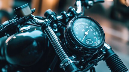 Fototapeta premium A close-up of a motorcycle dashboard, with the speedometer, tachometer, and fuel gauge in focus.
