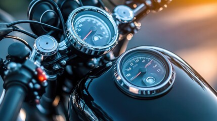 A close-up of a motorcycle dashboard, with the speedometer, tachometer, and fuel gauge in focus.