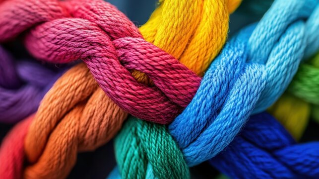 Connected diversity concept with interwoven threads of various colors, symbolizing unity in diversity.
