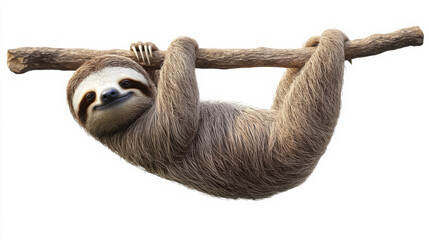 Fototapeta premium A peaceful 3D illustration of a sloth hanging from a branch, set against a transparent background.