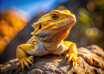 Fototapeta premium A vibrant, yellow-bearded dragon gecko perches on a rocky outcrop, its scaly body glistening in the sunlight, its curious eyes gazing directly at the camera.