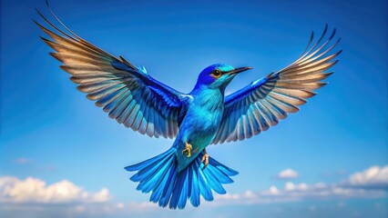 A Vibrant Azure Bird With Outstretched Wings Soaring Through A Crystal Clear Blue Sky.