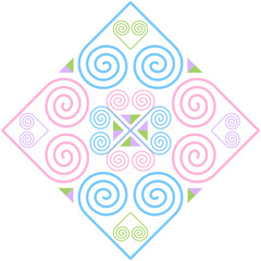 The Hmong ethnic fabric pattern is a spiral line pattern that intertwines in the shape of a heart, which is a unique symbol of the Hmong ethnic group. It can be used to design clothes, bags, and other