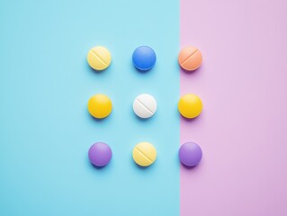 Vibrant Pill Arrangement: Pharmaceutical Minimalism in Health Concept