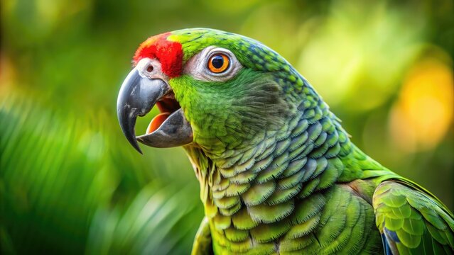 A Vibrant Green Parrot With An Inquisitive Expression Communicates On A Perch, Capturing The Essence Of Avian Vocalization.