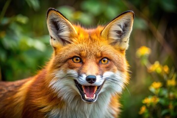 A vibrant orange-red fox with a fluffy bushy tail and piercing yellow eyes opens its mouth to reveal sharp white teeth in a playful snarl.