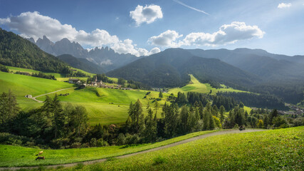 Naklejka premium Dolomites landscape, Santa Magdalena view and Odle mountains in the Funes Valley, Italy