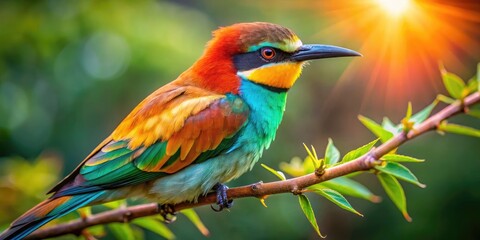 Obraz premium A vibrant phenox bird perches on a lush green branch, its iridescent plumage glimmering in the sunlight, showcasing its striking crest and vibrant orange beak.