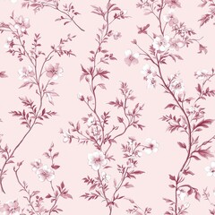 Obraz premium Pink Pattern With Tender Flowers and Thin Branches. Floral Print. Indulge in timeless elegance with our exquisite Floral Seamless Pattern. 