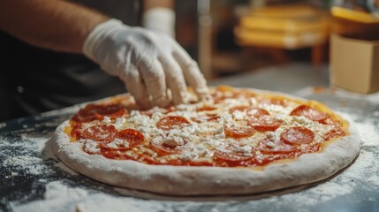 A pizza is being made with pepperoni and cheese