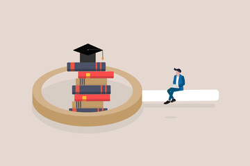 Businessman sit on magnifying glass. concept of Growth education training, learning and self development, ambitions. Knowledge and information