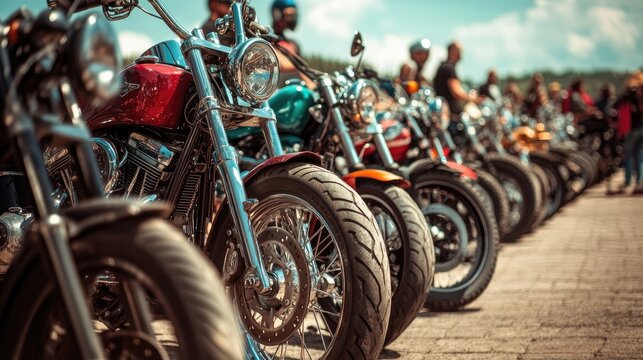 A group of motorcycle enthusiasts at a rally, with a variety of custom bikes lined up.