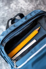 Open Blue School Bag Filled with Supplies on Slate Background - AI generated illustration