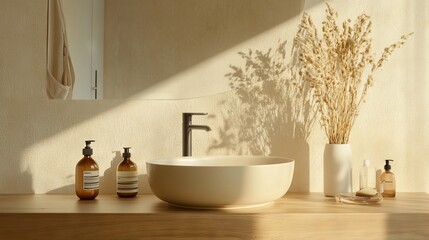 Minimalist Bathroom Interior with Wooden Countertop and Elegant Washbasin - AI generated illustration