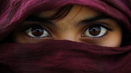 Naklejka premium Closeup of the dark brown eyes of a girl with her face wrapped in a burgundy scarf generative ai