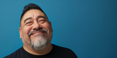 Studio headshot portrait of happy laughing Hispanic man with facial hair, wearing black cotton t shirt, blue background