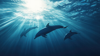 Fototapeta premium A serene dolphin pod swimming together in the deep blue ocean, with sunlight streaming through.