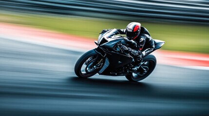 A high-speed motorcycle racing around a sharp curve on a racetrack, with motion blur in the background.