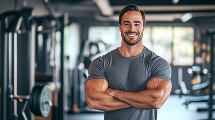 muscular athletic man confidently smiling in a modern gym with fitness equipment around him and wearing a gray t-shirt