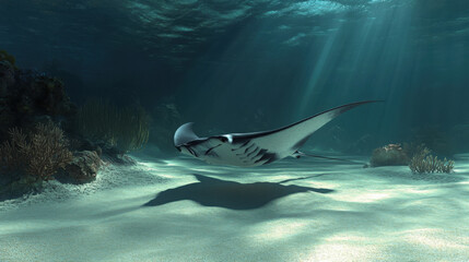 A majestic manta ray gliding effortlessly over a sandy ocean floor, with coral in the distance.