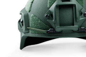 Green details military helmet a white background