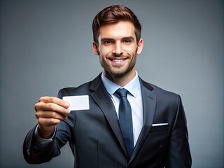 A Well-Dressed Professional In A Suit And Tie Holds Out A Business Card With A Modern, Clean Design.